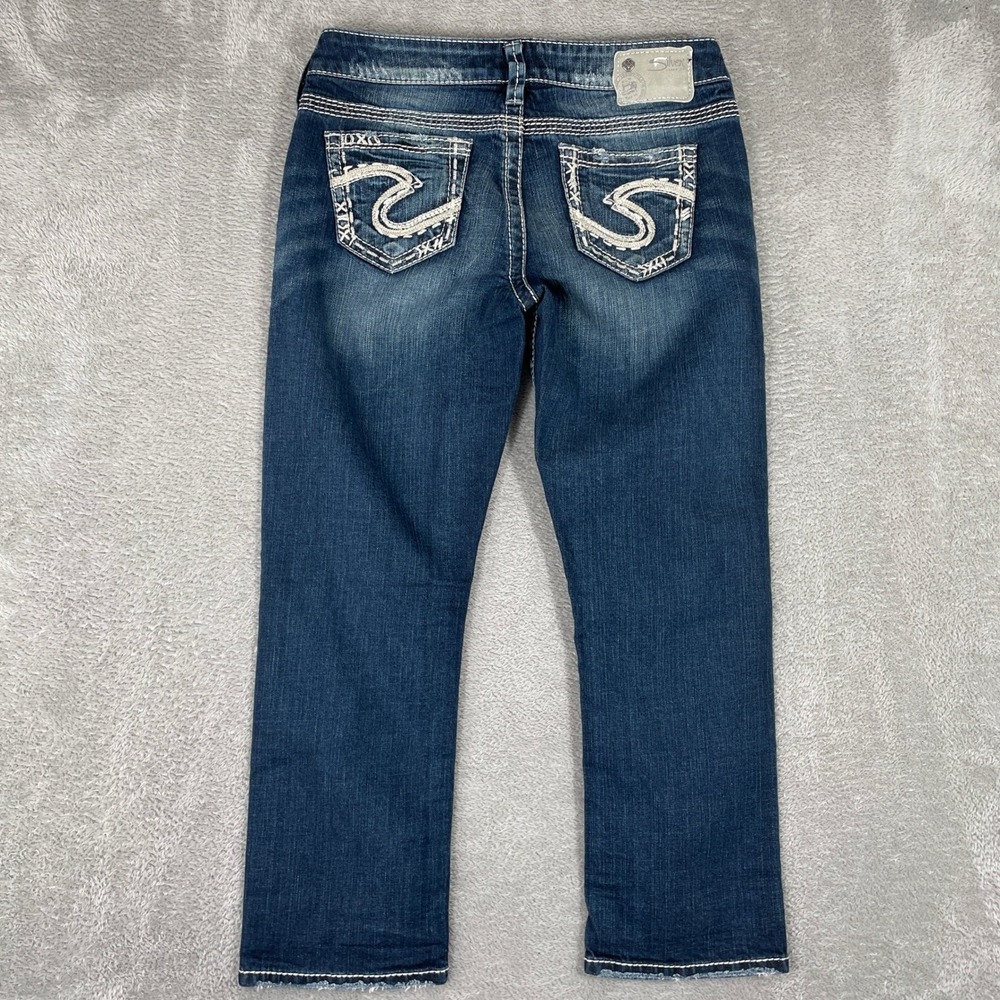 Silver Jeans Tuesday Low Capri Womens W29 Blue Embroidered Pocket Y2K Distressed